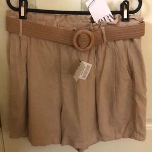 Zara NWT XL Tan Paperbag Elastic Waist Stretch Belt Linen/Viscose Shorts